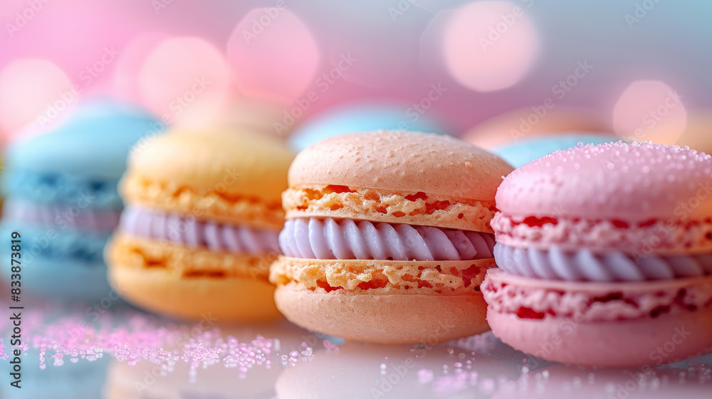 Pastel-colored macarons in a row with bokeh background. Pastel-colored macarons in a row with bokeh background.