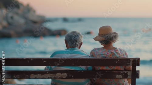 Two elderly individuals a man and a woman sitting on a wooden bench by the ocean enjoying the serene view and each other's company.