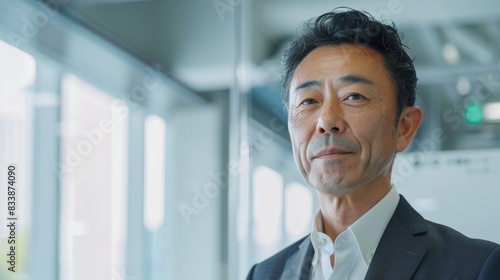 A man with a slight smile wearing a dark suit and white shirt standing in an office with large windows looking directly at the camera.