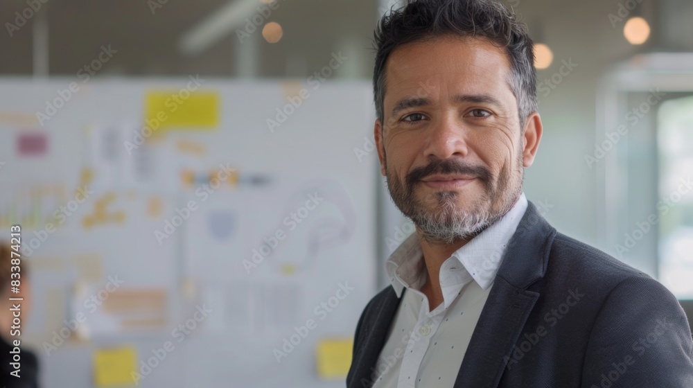A man with a beard and graying hair wearing a suit and standing in an office with a whiteboard in the background. A man with a beard and graying hair wearing a suit and standing in an office with a whiteboard in the background.
