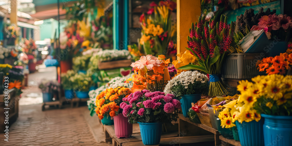 Vibrant Flower Market with Colorful Bouquets in Bright Pottery