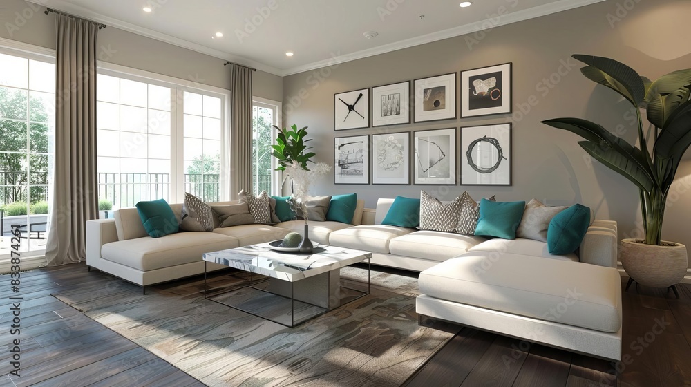 Fototapeta premium Modern living room with large beige sectional sofa, teal pillows, artwork, plants, and natural light through floor-to-ceiling windows.