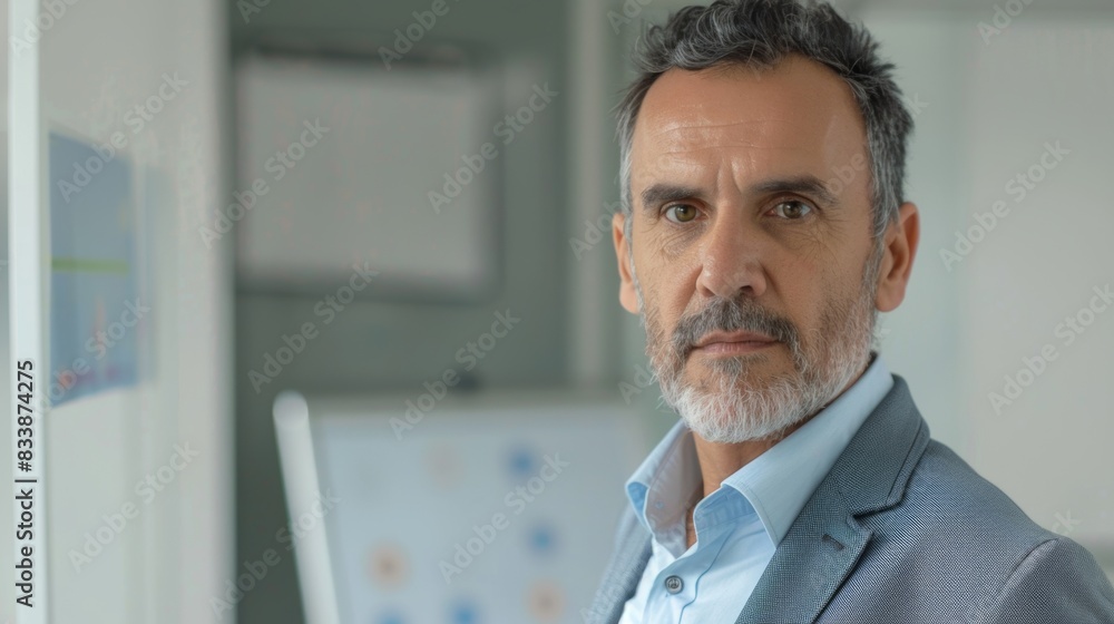 A man with a gray beard and mustache wearing a light blue shirt and a gray blazer standing in an office with a whiteboard in the background. A man with a gray beard and mustache wearing a light blue shirt and a gray blazer standing in an office with a whiteboard in the background.