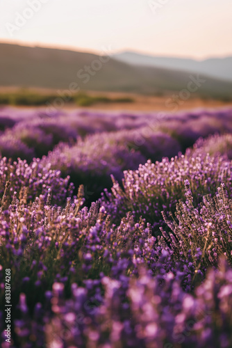 Enchanting Lavender Field at Sunrise with Purple Blossoms and Scenic Mountain Backdrop