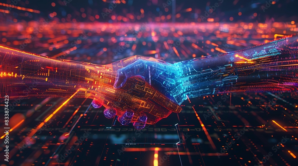 Fototapeta premium Two robotic hands reach out to each other in a futuristic, digital world. The image is full of vibrant, neon colors and glowing lines.