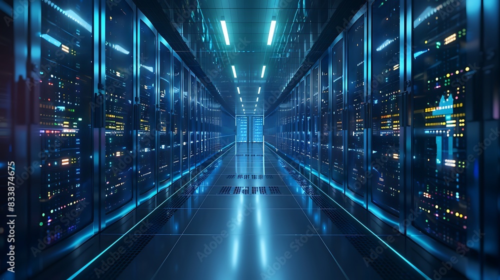 A futuristic server room with glowing blue lights and rows of servers. A futuristic server room with glowing blue lights and rows of servers.