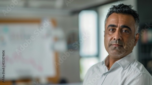 A man with a serious expression wearing a white shirt standing in an office with a whiteboard in the background.