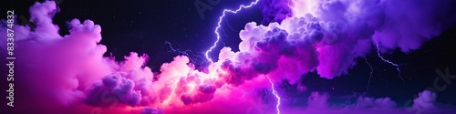 3D render. Abstract background of neon cloud and zippers. Fantasy ultraviolet wallpaper. Empty area neon electric border, with futuristic smoke background. Blue and purple neon light with cloud. © 360VP