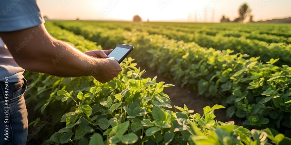 Farmer uses smartphone app with image recognition to detect crop pests. Concept Agriculture, Smartphone App, Image Recognition, Crop Pests, Farming Technology