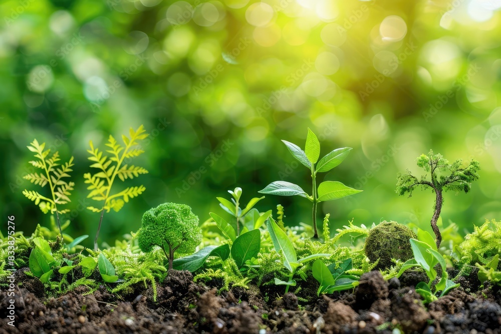 A row of young plants growing in soil, with a lush green background and bright sunlight. A row of young plants growing in soil, with a lush green background and bright sunlight.