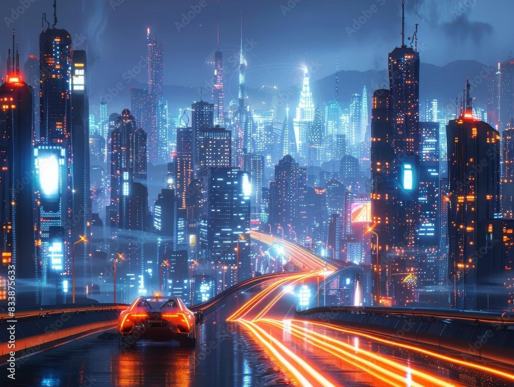 Fototapeta premium Futuristic Cityscape with Neon Lights and Modern Infrastructure