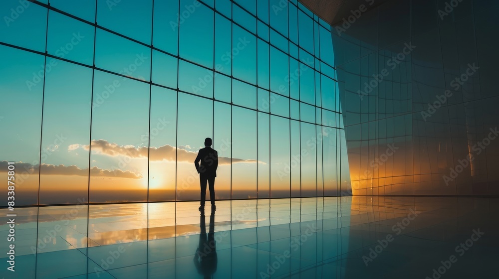 Businessman standing in a modern office building, looking out at the sunset Businessman standing in a modern office building, looking out at the sunset