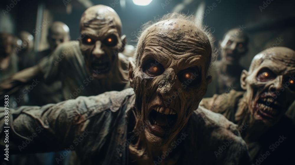 Group of zombies are walking with wearing tattered clothes and have pale Group of zombies are walking with wearing tattered clothes and have pale