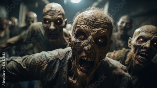 Group of zombies are walking with wearing tattered clothes and have pale