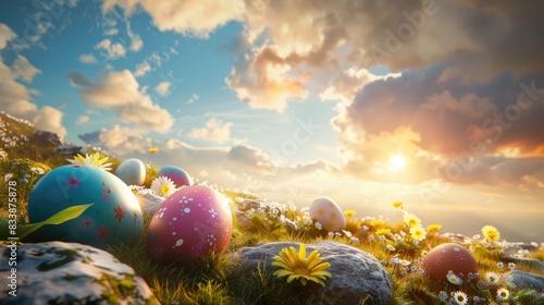 Rendering of Easter scene with vibrant eggs daisy flower and picturesque sky above a meadow