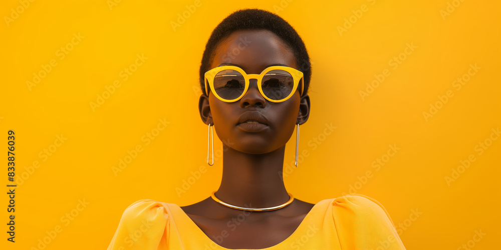 Obraz premium Stylish Woman in Yellow Sunglasses and Dress Against Vivid Yellow Background