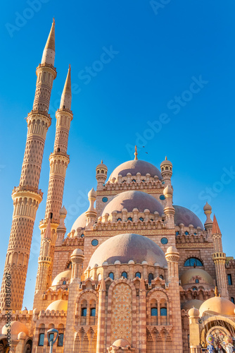 Beautiful Al Mustafa Mosque in Old Town of Sharm El Sheikh in Egypt, at sunset photo