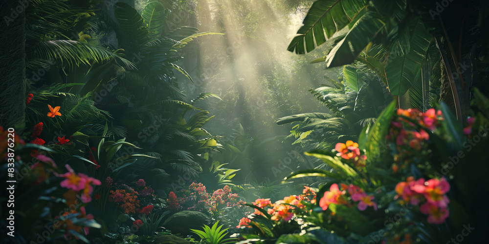 Obraz premium Lush Tropical Rainforest with Sunbeams and Colorful Flowers