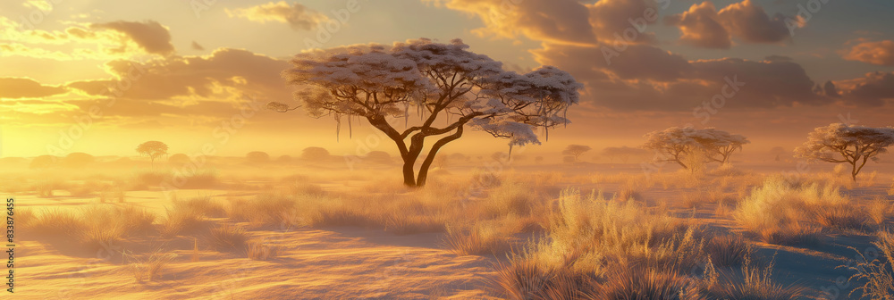 Naklejka premium Serengeti Sunrise Captivating Lone Acacia Tree Amid Golden Light and Velvety Grasslands