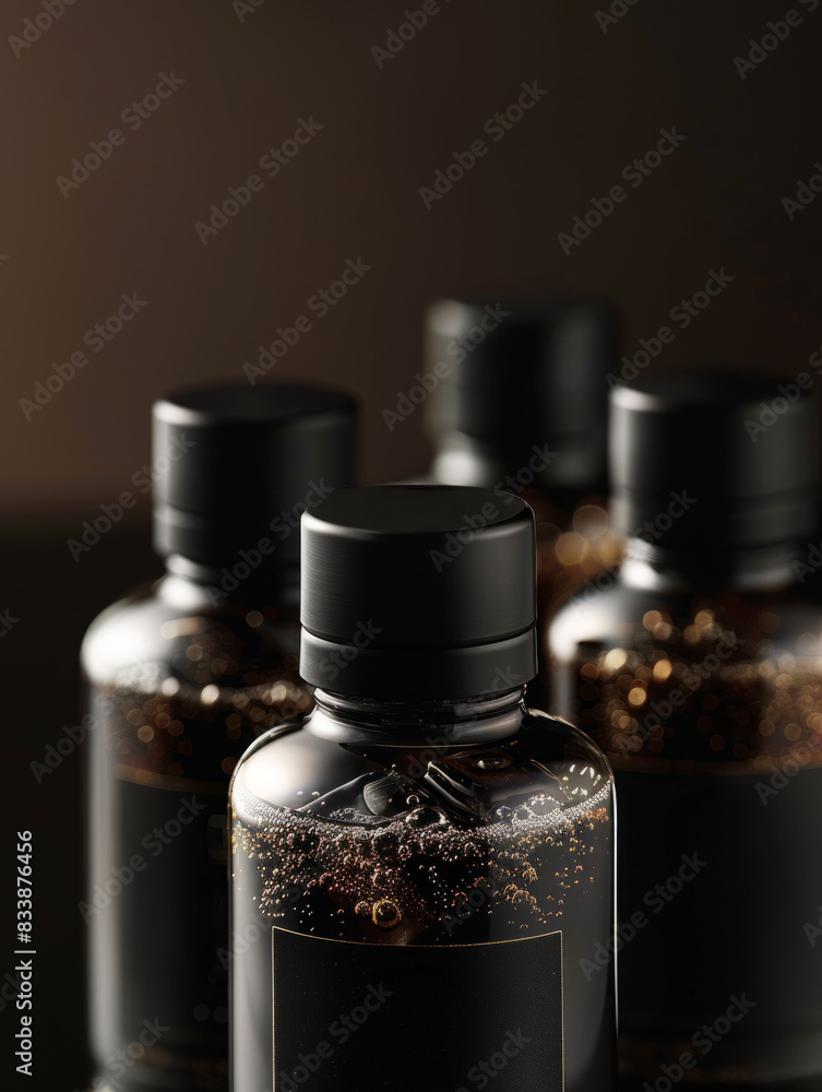 Four black glass bottles with caps on a dark background. Four black glass bottles with caps on a dark background.