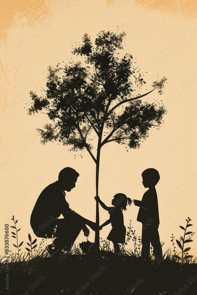 Obraz premium Father's Day Vector Design: Growing Love - Father and Children Planting Tree Together, Symbolizing Family Bond and Growth