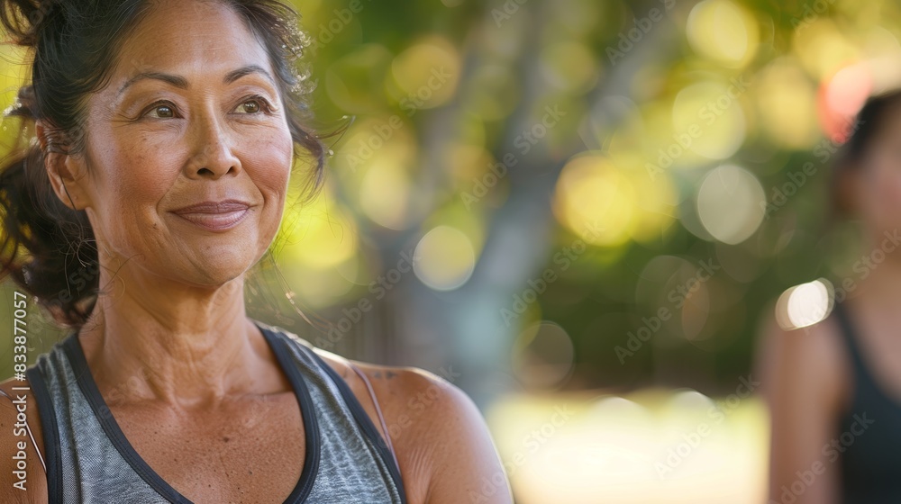 A woman with a warm smile wearing a sleeveless top standing in a park with blurred greenery in the background. A woman with a warm smile wearing a sleeveless top standing in a park with blurred greenery in the background.