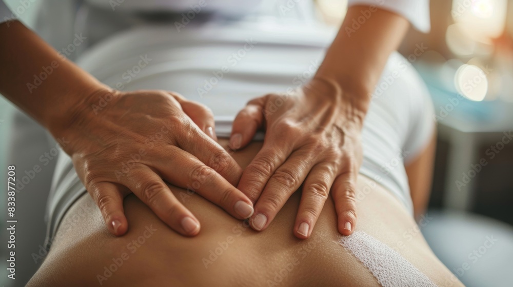 A pair of hands gently massaging a person's back possibly during a spa treatment or medical therapy. A pair of hands gently massaging a person's back possibly during a spa treatment or medical therapy.