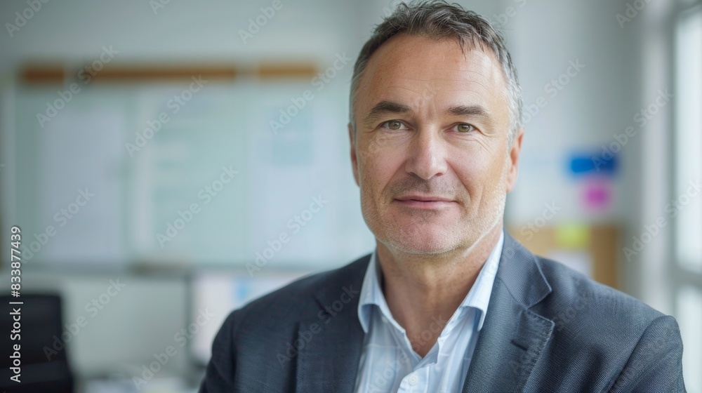 A middle-aged man with graying hair wearing a dark suit and a light blue shirt sitting in an office with a window in the background. A middle-aged man with graying hair wearing a dark suit and a light blue shirt sitting in an office with a window in the background.