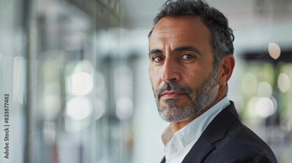 A man with a beard and mustache wearing a suit and looking off to the side with a thoughtful expression. A man with a beard and mustache wearing a suit and looking off to the side with a thoughtful expression.