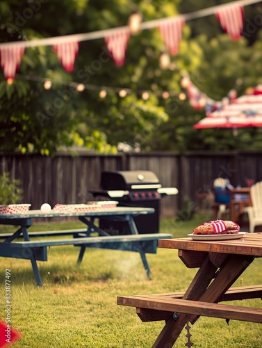 A backyard barbecue scene with a grill, picnic table, and festive decorations, with a blurred background to highlight the copyspace for Independence Day messages.