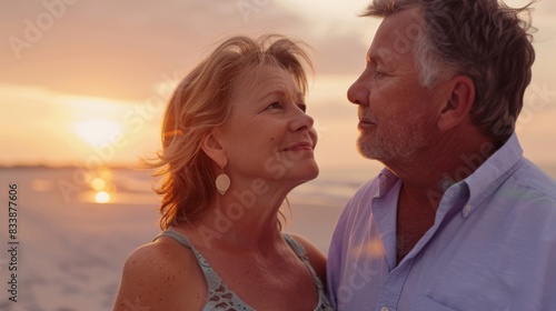 A couple sharing a tender moment at sunset on a beach.