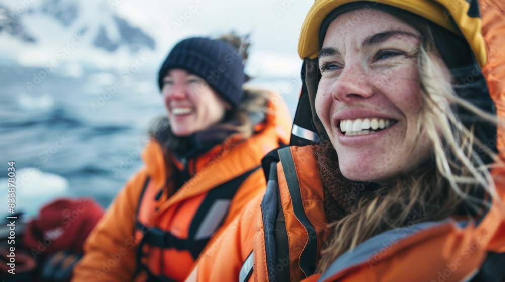 Two women in orange jackets and helmets smiling and looking to the side with a backdrop of snow-covered mountains and a body of water. Two women in orange jackets and helmets smiling and looking to the side with a backdrop of snow-covered mountains and a body of water.