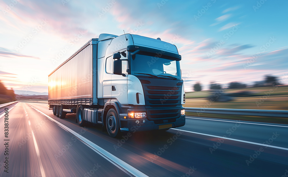 Blue truck is traveling at speed on a freeway. The concept of reliable cargo transportation. Blue truck is traveling at speed on a freeway. The concept of reliable cargo transportation.