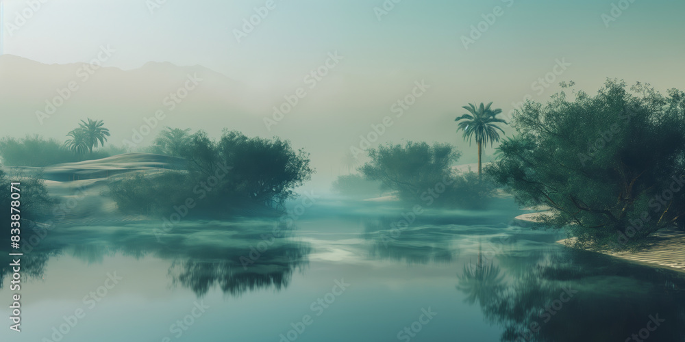 Serene Misty River with Lush Greenery and Palm Trees Tranquil Nature Landscape Serene Misty River with Lush Greenery and Palm Trees Tranquil Nature Landscape