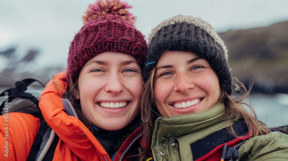 Two women smiling wearing winter hats and jackets posing for a selfie in a snowy landscape. Two women smiling wearing winter hats and jackets posing for a selfie in a snowy landscape.