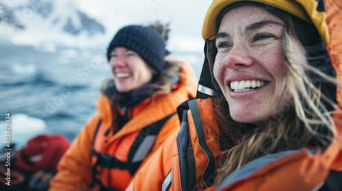 Two women in orange jackets and helmets smiling and looking to the side with a backdrop of snow-covered mountains and a body of water.