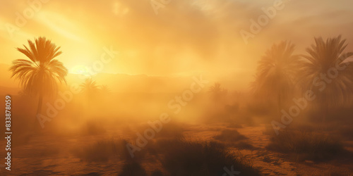 Desert Sunrise Over Palm Trees Golden Light, Misty Landscape, Serene Morning Scene