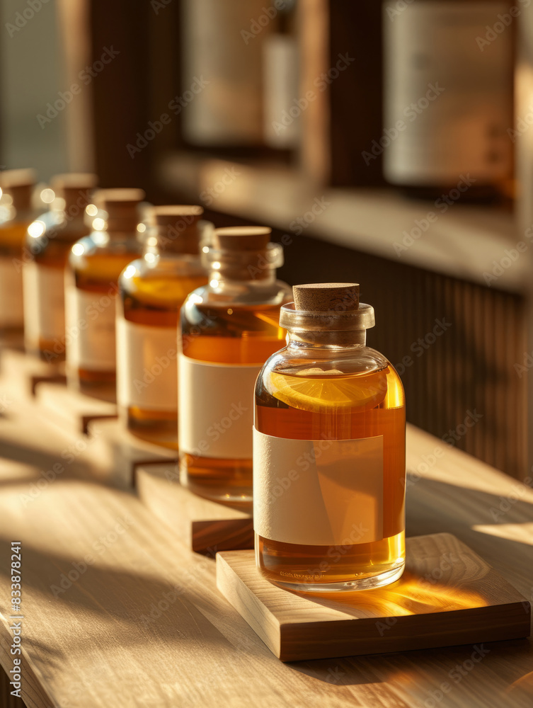 Amber glass bottles with corks and labels on a wooden table in sunlight.