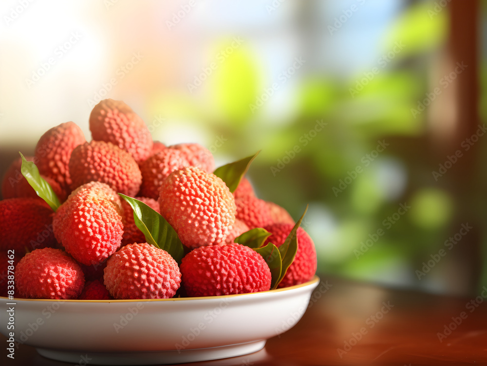 Close up of lychee fruits in a bowl on wooden table, blurry sunny background Close up of lychee fruits in a bowl on wooden table, blurry sunny background