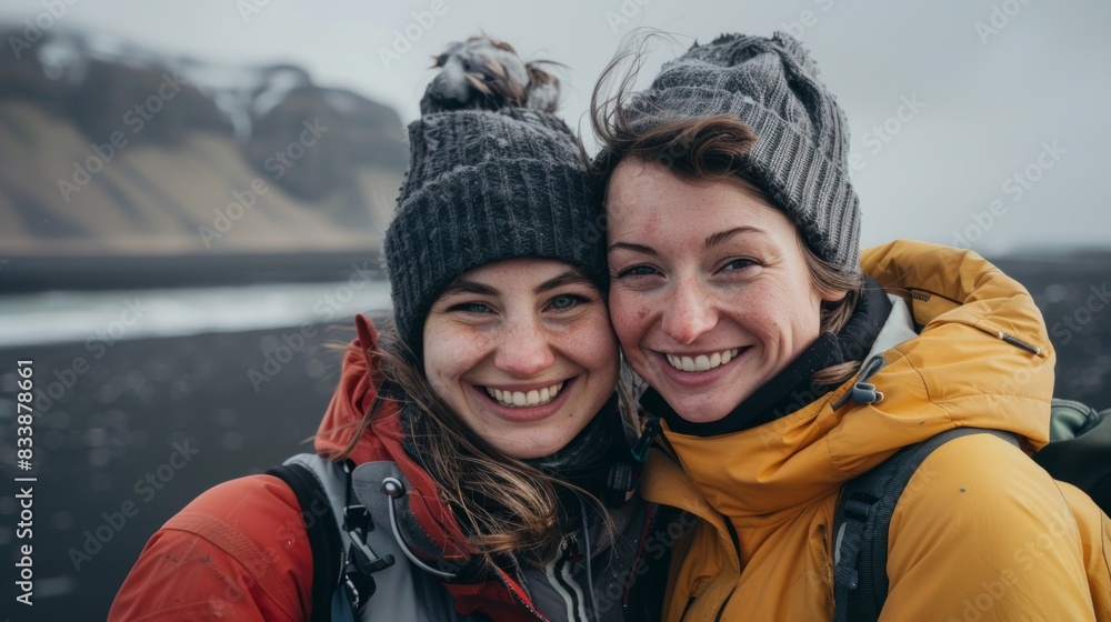 Two smiling women wearing matching hats posing together in a scenic outdoor setting with a rocky coastline and a cloudy sky. Two smiling women wearing matching hats posing together in a scenic outdoor setting with a rocky coastline and a cloudy sky.
