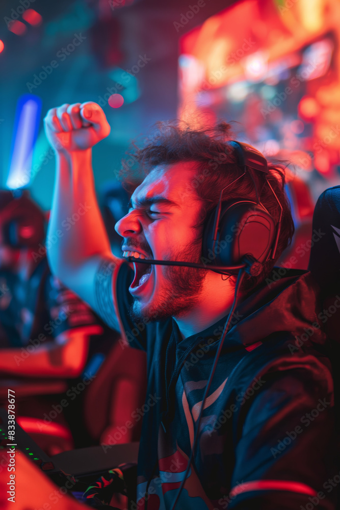Excited Gamer Celebrating Victory in Esports Tournament with Headset and Gaming Setup Excited Gamer Celebrating Victory in Esports Tournament with Headset and Gaming Setup