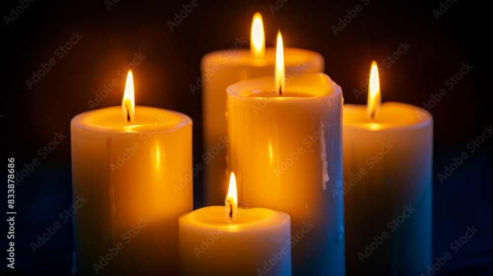 Five lit candles, glowing warmly in the dark. Five lit candles, glowing warmly in the dark.