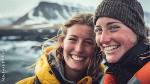 Two women in winter gear smiling at the camera with a snowy mountain in the background and a body of water in the foreground.