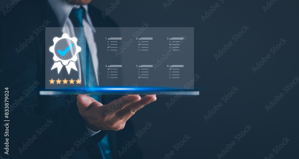 Concept of document certificate and assessments, questionnaires, evaluations for business, businessman showing online survey form answer test questions Choose the correct answer in the document Concept of document certificate and assessments, questionnaires, evaluations for business, businessman showing online survey form answer test questions Choose the correct answer in the document