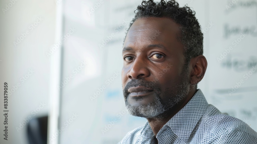 A man with a gray beard and curly hair wearing a blue shirt looking intently to the side. A man with a gray beard and curly hair wearing a blue shirt looking intently to the side.