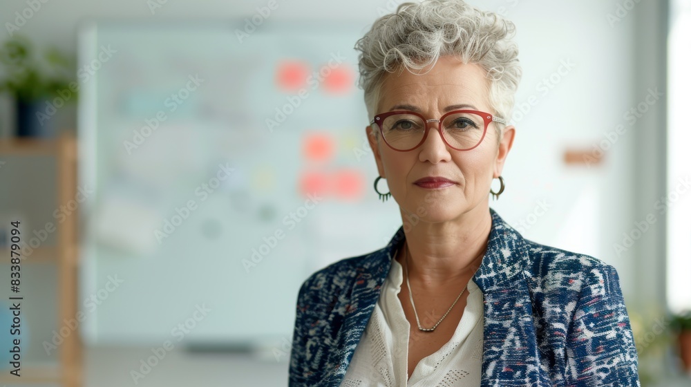 A poised woman with curly gray hair wearing glasses a patterned jacket and a necklace standing in an office with a whiteboard and plants in the background. A poised woman with curly gray hair wearing glasses a patterned jacket and a necklace standing in an office with a whiteboard and plants in the background.