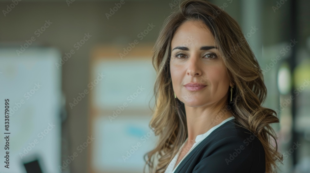 A poised woman with a warm smile wearing a black blazer and gold earrings standing in a modern office with a whiteboard in the background. A poised woman with a warm smile wearing a black blazer and gold earrings standing in a modern office with a whiteboard in the background.