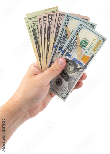 USA American money dollars bills. Man hand holding stack of money. Cash for rent, credit payment. One hundred dollars or 100 dollar bill. United States of America. Bank financing. Isolated background 