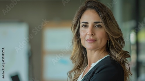 Wallpaper Mural A poised woman with a warm smile wearing a black blazer and gold earrings standing in a modern office with a whiteboard in the background. Torontodigital.ca