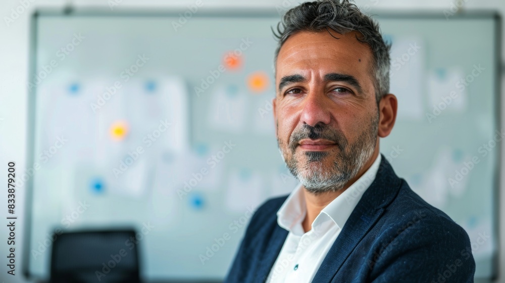 Fototapeta premium A man with a beard and gray hair wearing a blue suit standing in front of a whiteboard with colorful sticky notes.